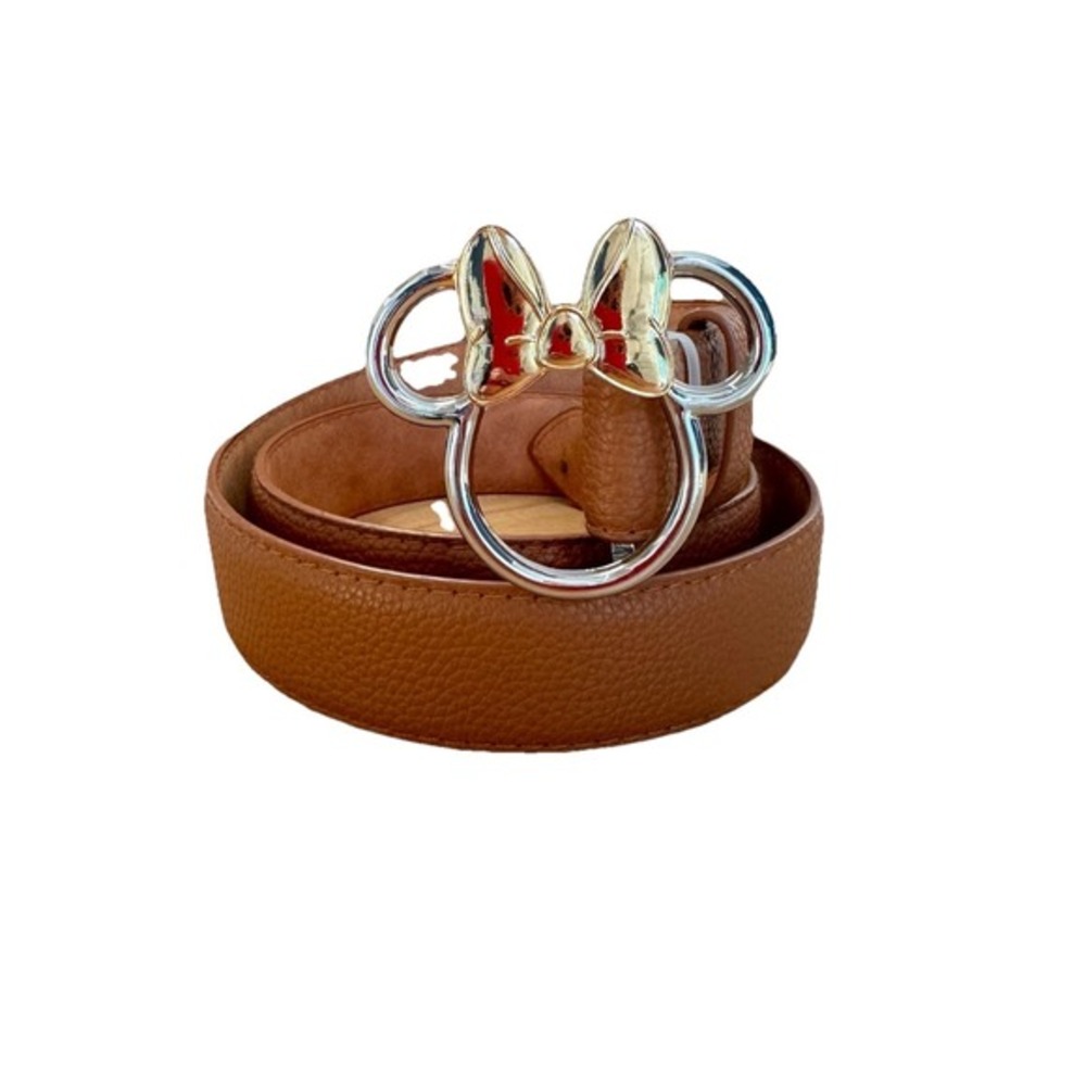 Disney Minnie Mouse Ears Gold & Silver Buckle Camel Brown Leather Belt‎ SMALL